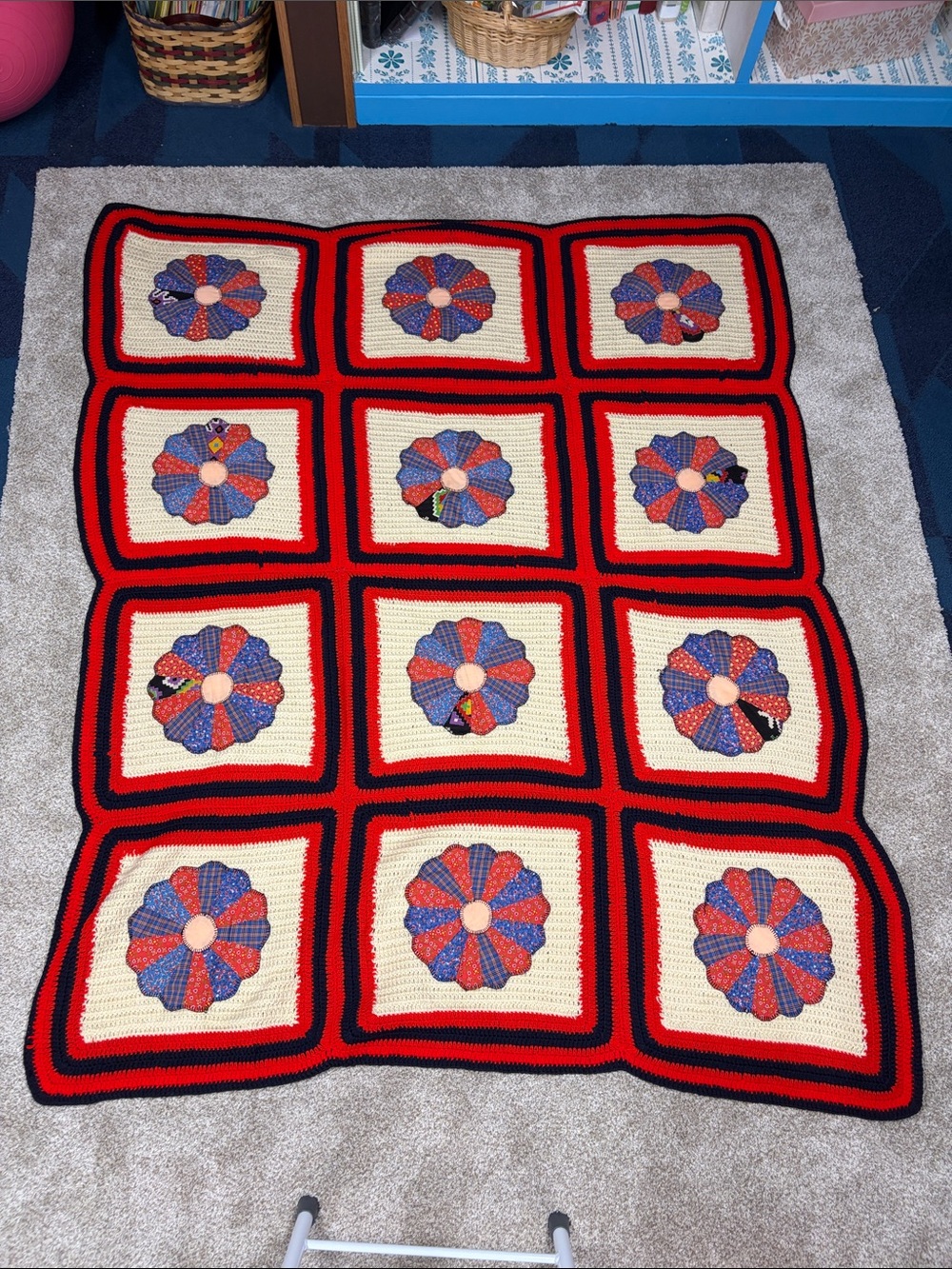 Vintage large crocheted and quilted bed blanket